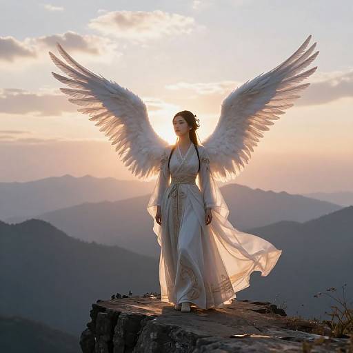 Photograph of a silhouetted angelic woman with large white wings, wearing a flowing white dress, standing on a mountain peak at sunset.