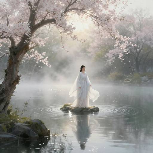A serene digital painting of a woman in a white robe standing on a rock in a misty, cherry blossom-laden pond.