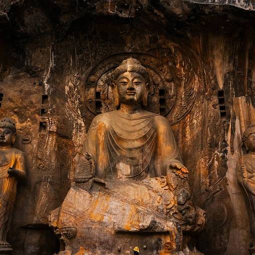 Golden Buddha in Ancient Stone Alcove