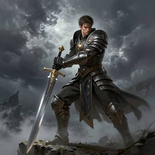 Epic digital artwork of a muscular, dark-haired warrior in black, ornate armor, holding a glowing sword, standing amidst a stormy, cloudy