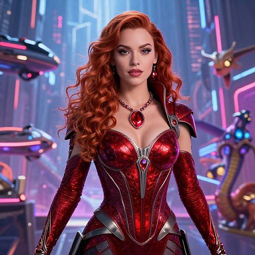 Photorealistic digital artwork of a red-haired woman in a shiny, red, armored costume with heart-shaped gems, standing in a neon-lit,