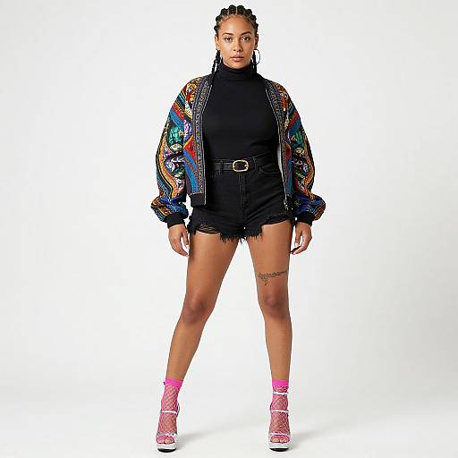 Photograph of a confident Black woman with braided hair, wearing a colorful, patterned jacket, black turtleneck, frayed shorts, belt