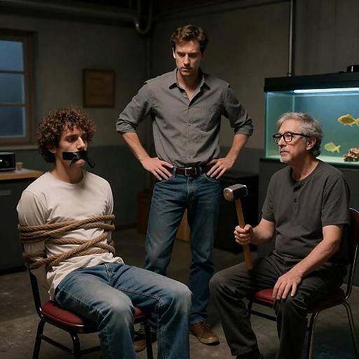 Intense Scene with Three Men in Shadows