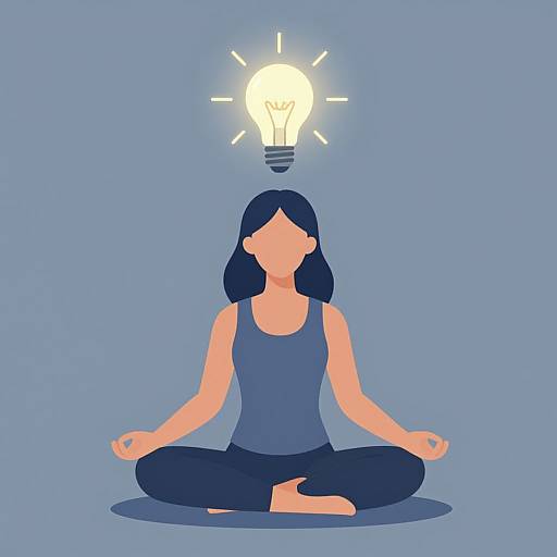 Digital illustration of a blue-haired woman in a blue tank top and black pants, meditating cross-legged with a glowing light bulb above her head on a
