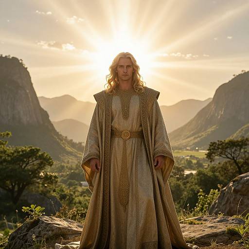Photograph of a long-haired man in a golden, ornate robe standing in a sunlit, mountainous landscape with rays of sunlight behind him.