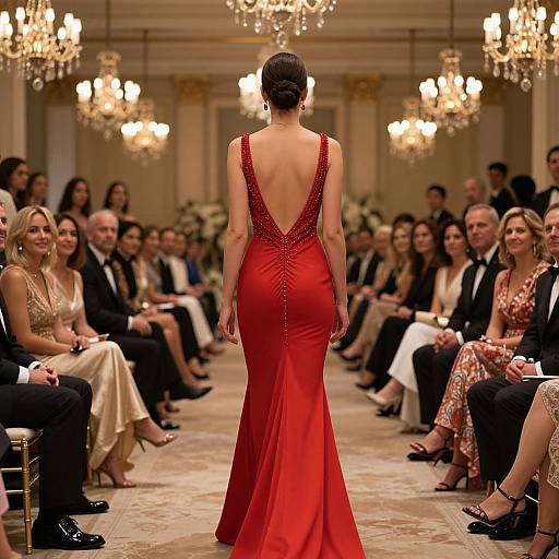Photograph of a fashion show: a woman in a deep red, backless evening gown walks down a runway, surrounded by seated audience members in formal