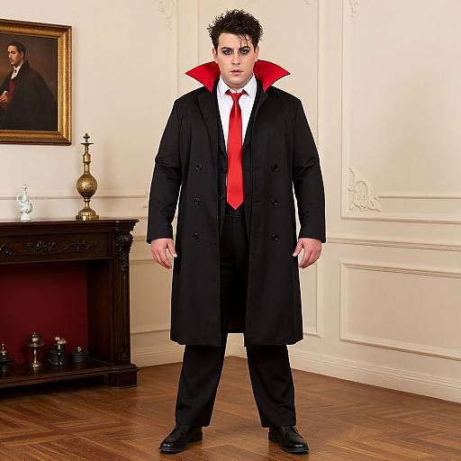 Photograph of a man in a black trench coat with a red collar and tie, standing in a formal, elegant room.