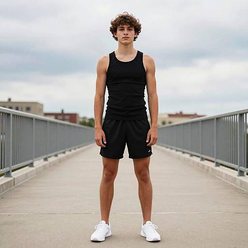 Photograph of a young, curly-haired, athletic man in a black tank top and shorts, standing on a pedestrian bridge, wearing white sneakers, under