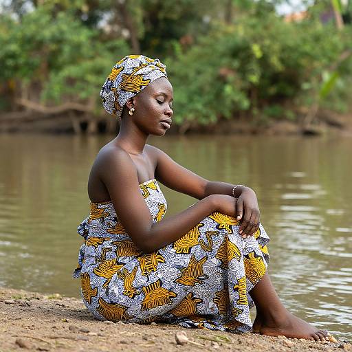 Photograph of a serene, dark-skinned African woman with a yellow and white patterned dress and headwrap, sitting by a calm river, surrounded