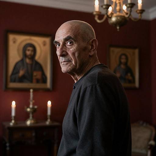 Mysterious Elder in Dimly Lit Room