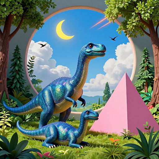 Digital illustration of two blue, shiny, textured dinosaurs in a colorful forest with a pink pyramid, crescent moon, and birds.