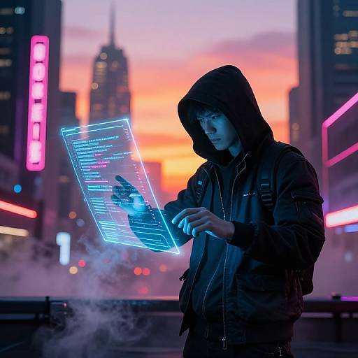 Cyberpunk Hacker in Neon Cityscape