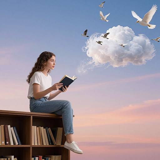 Photograph of a curly-haired woman in white tee and blue jeans, sitting on a bookshelf, reading, with birds flying out of a cloud in