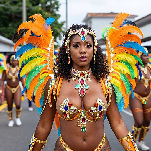 Photograph of a Black woman with curly hair in a vibrant, colorful feathered costume, adorned with gold and jewel-encrusted accessories, confidently