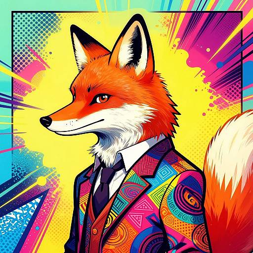 Vibrant digital illustration of an anthropomorphic red fox in a colorful, patterned suit, set against a dynamic, comic-style background with bold yellow