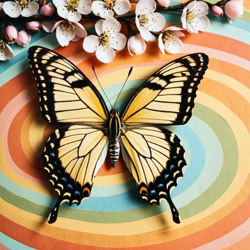 Golden Butterfly on Rainbow Paper with Cream Blossoms