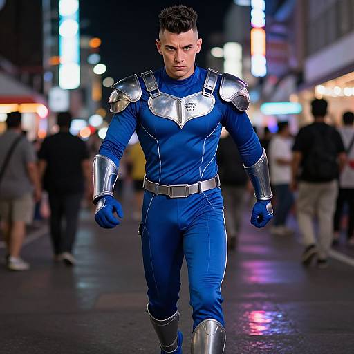 Photograph of a muscular man in a blue superhero suit with silver armor, walking confidently at night on a brightly lit city street.