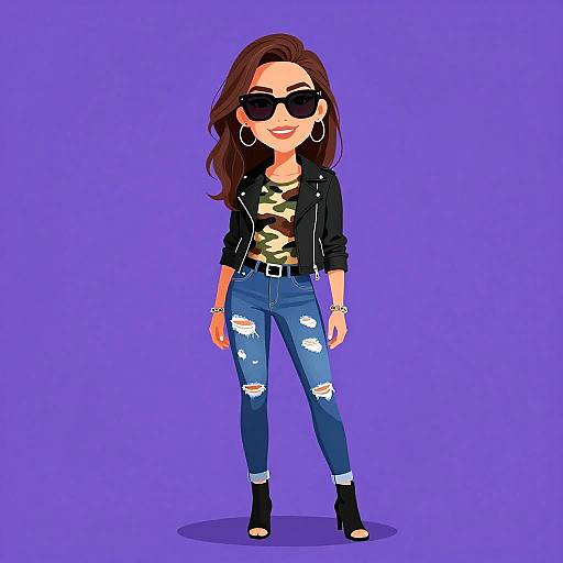 Digital cartoon of a stylish woman with long brown hair, black sunglasses, black leather jacket, ripped blue jeans, and black heels, standing against a solid