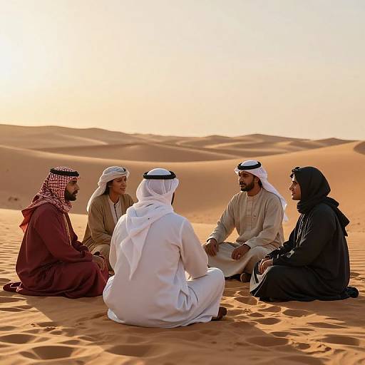 Photograph of five Middle Eastern men in traditional white and red thobes and keffiyehs, seated in a sunlit desert, discussing