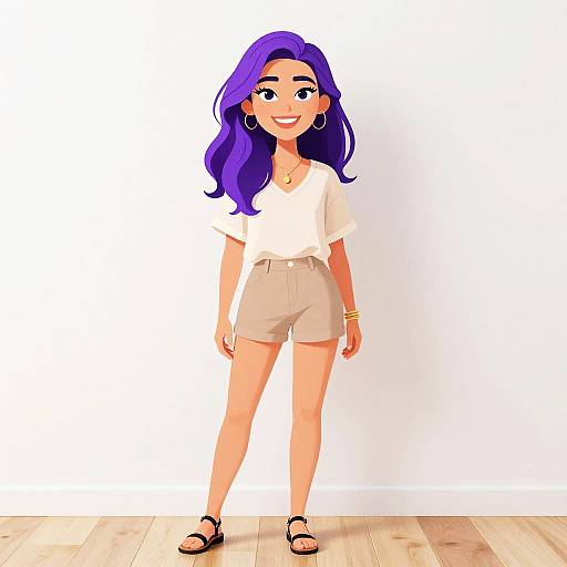 Digital illustration of a smiling woman with purple hair, wearing a white top, beige shorts, black sandals, and gold accessories, standing on wooden floor against
