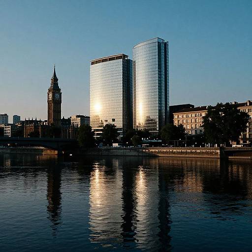 Photograph of dusk cityscape with two modern glass skyscrapers reflecting sunlight, next to a historic clock tower, over a calm river.
