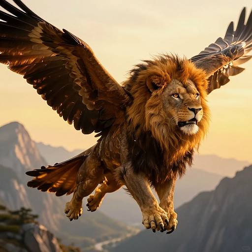 Digital artwork of a majestic winged lion with a golden mane soaring over mountainous terrain during a sunset, showcasing detailed fur and feathers.
