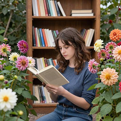 Photograph of a young woman with wavy brown hair, wearing a blue sweater, reading a book surrounded by vibrant pink and white dahlia flowers