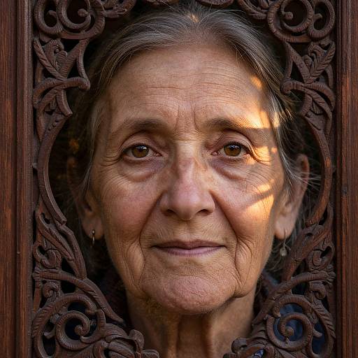 Photograph of an elderly woman with wrinkled skin, brown eyes, and gray hair, framed by intricate, carved wooden patterns, illuminated by sunlight.