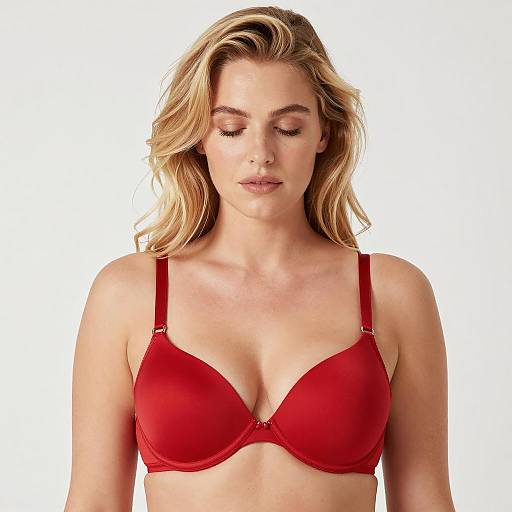 Blonde Woman in Shiny Red Bra