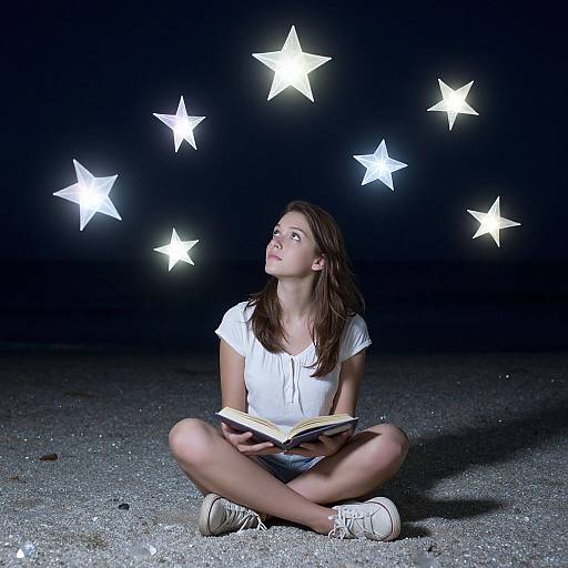 Young woman with long brown hair, white blouse, and denim shorts sits cross-legged on sparkly ground, reading book under glowing white stars.
