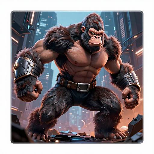Digital illustration of a muscular, anthropomorphic gorilla with dark fur, silver wristbands, and a belt, standing in a futuristic, shattered cityscape