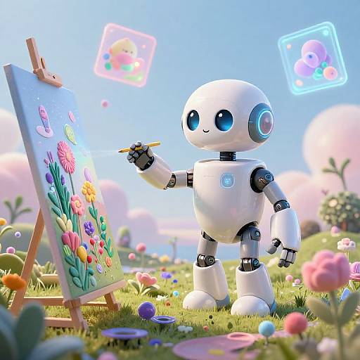 Whimsical Robot Painting Surreal Landscapes