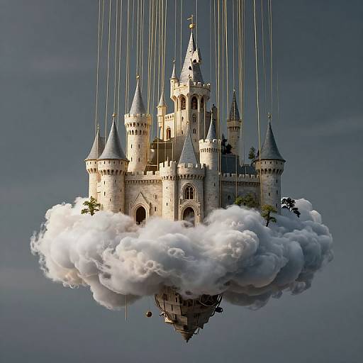 Photorealistic CGI of a floating, detailed, medieval castle with multiple turrets, suspended by golden strings from a fluffy white cloud against a dark,