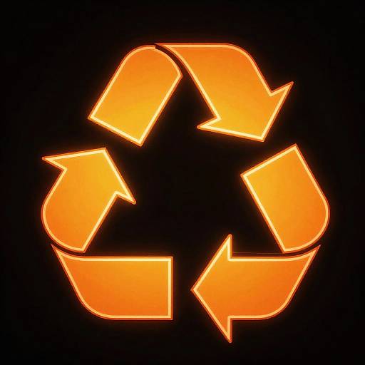 Bright, glowing orange recycling symbol with three interconnected arrows on a black background, neon-style, digitally rendered image.