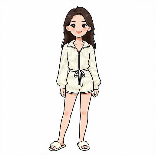 Digital drawing of a cute Asian woman with long black hair, wearing a white, long-sleeved, zip-up romper and white slippers,