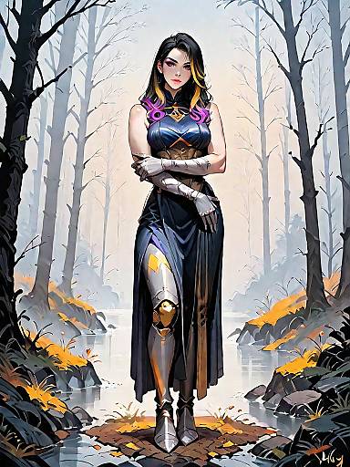 Dark Fantasy Woman with Cybernetic Leg in Forest