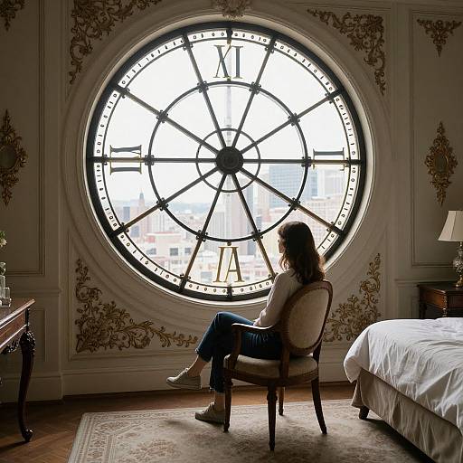 Photograph of a woman with long brown hair sitting in a vintage chair, gazing through a large, ornate clock-window in an elegant, classic