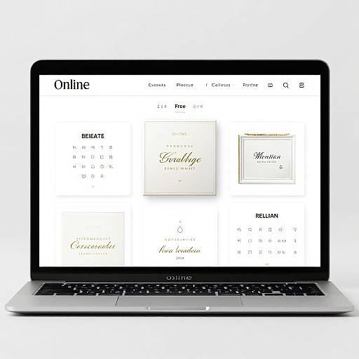 Photograph of a silver laptop with a black screen displaying an online invitation template with 