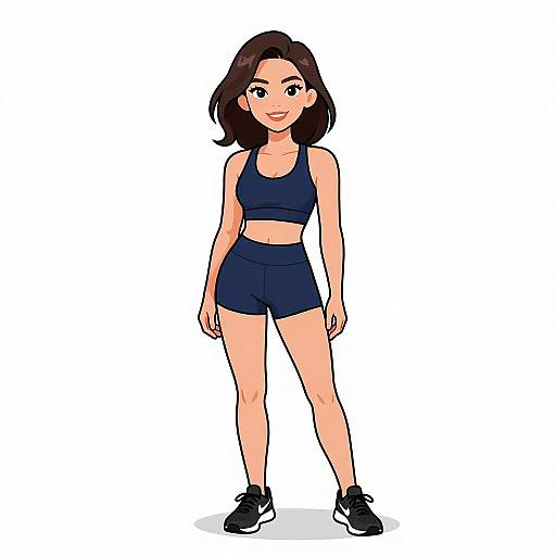 Digital cartoon of a smiling, athletic woman with short brown hair, wearing a navy sports bra and shorts, black sneakers, standing against a white background.