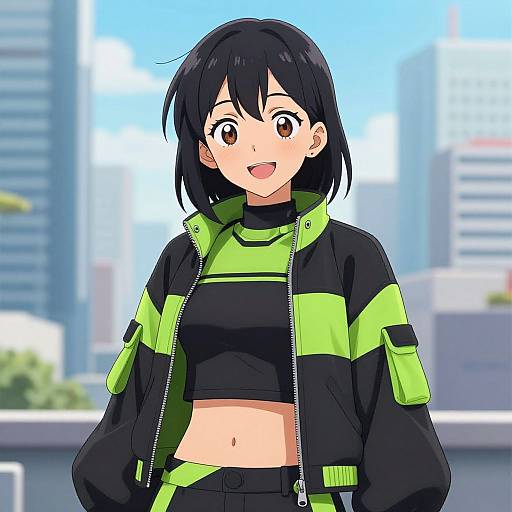 Cheerful Anime Woman in Cityscape