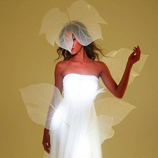 Photograph of a woman with wavy hair, wearing a translucent white leaf headpiece and dress, illuminated by a bright white light against a yellow background