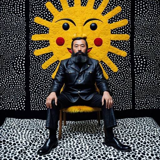 Man in Leather Jacket Sitting with Sun Motif Background