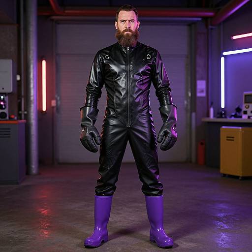 Photorealistic CGI of a muscular, bearded man with a full beard, wearing a black latex bodysuit, black gloves, and purple boots