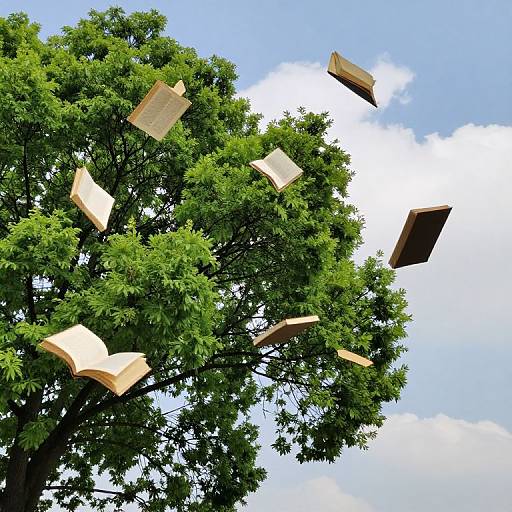 Floating Books Around Lush Tree