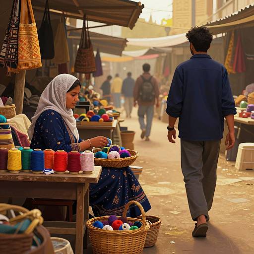Photograph of a vibrant market stall with a Muslim woman in a blue dress and white hijab, selling colorful yarns, as a man in a