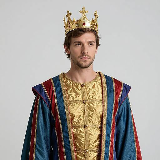 Photograph of a bearded man with brown hair wearing a golden crown, gold embroidered tunic, and blue and red royal robe.