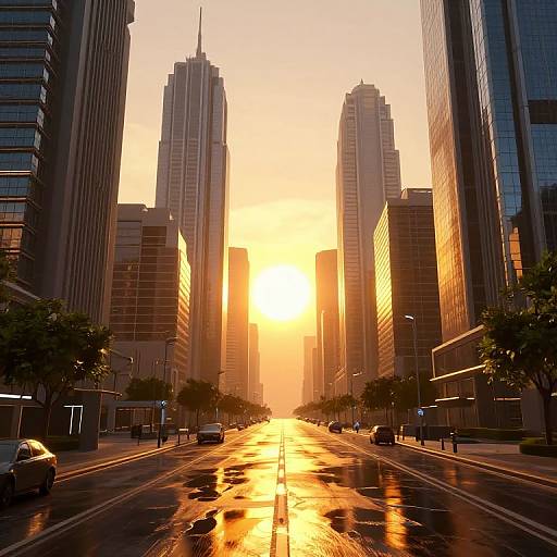 Photograph of a city street at sunset, with tall skyscrapers on both sides, reflecting golden light on wet, shiny pavement.