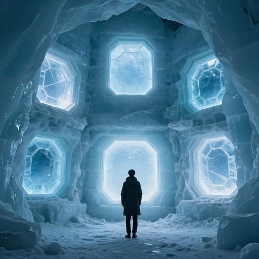 Photograph of a solitary figure standing in a glowing blue ice cave with large, hexagonal, illuminated windows. Crystalline textures dominate, creating