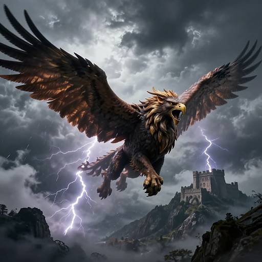 Digital artwork of a majestic, dark-feathered eagle with lightning bolts illuminating its wings, soaring above a stormy sky and a distant castle on