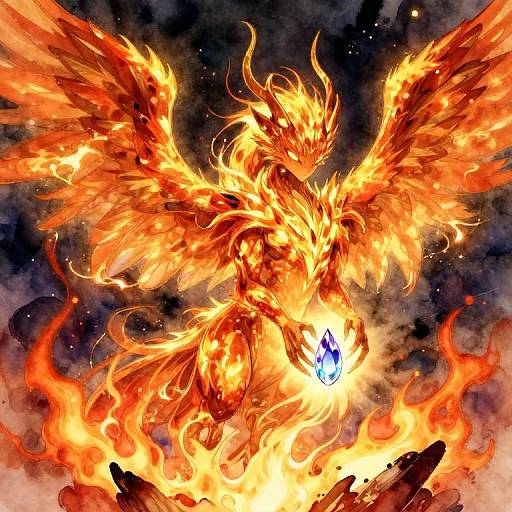 Digital illustration of a fiery, winged phoenix with glowing blue eyes, surrounded by intense orange and yellow flames against a dark, smoky background.